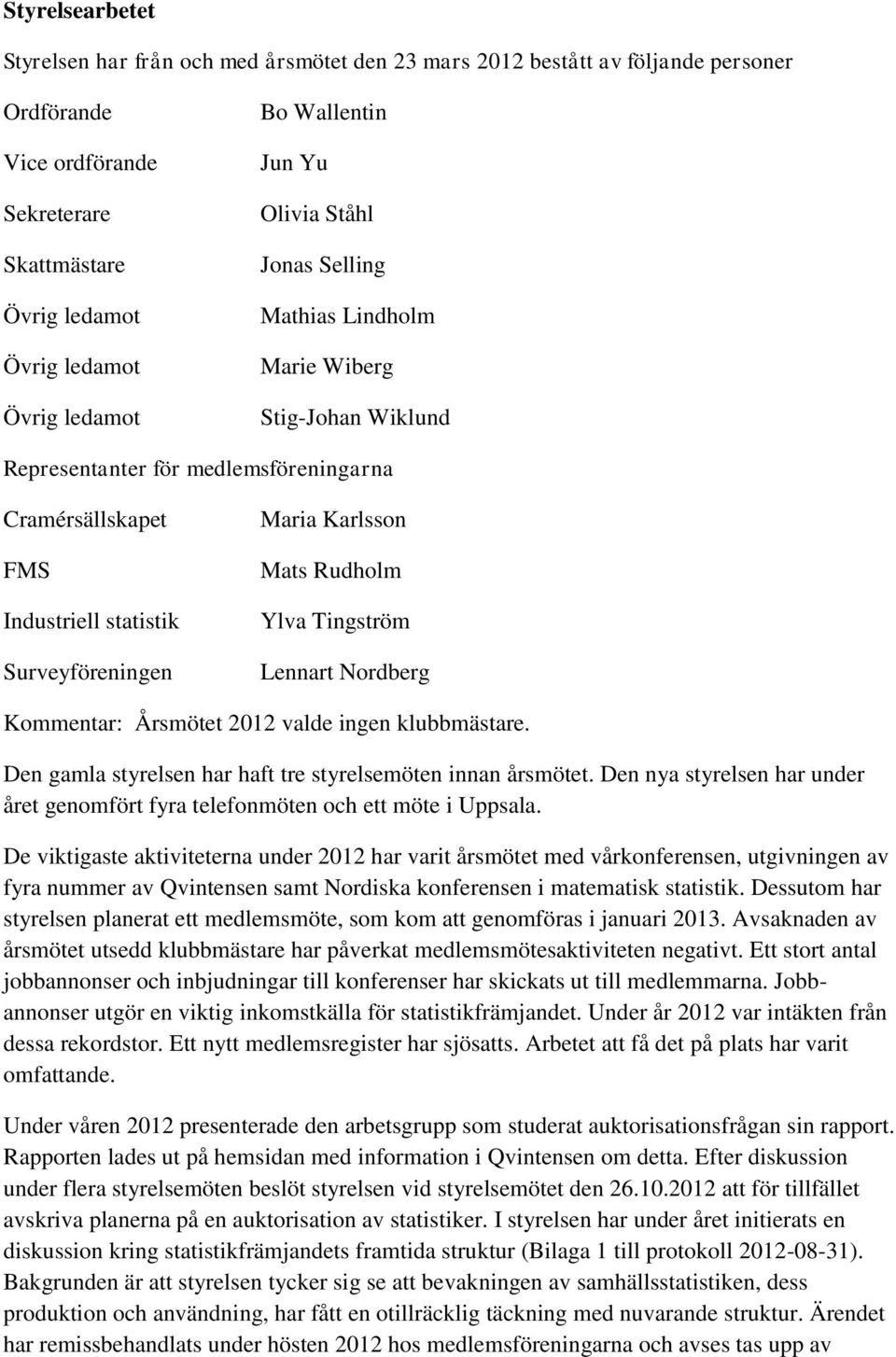 Karlsson Mats Rudholm Ylva Tingström Lennart Nordberg Kommentar: Årsmötet 2012 valde ingen klubbmästare. Den gamla styrelsen har haft tre styrelsemöten innan årsmötet.