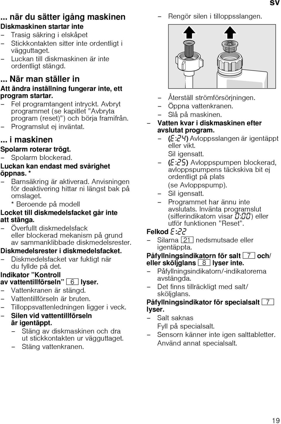 Programslut ej inväntat.... i maskinen Spolarm roterar trögt. Spolarm blockerad. Luckan kan endast med svårighet öppnas. * Barnsäkring är aktiverad.