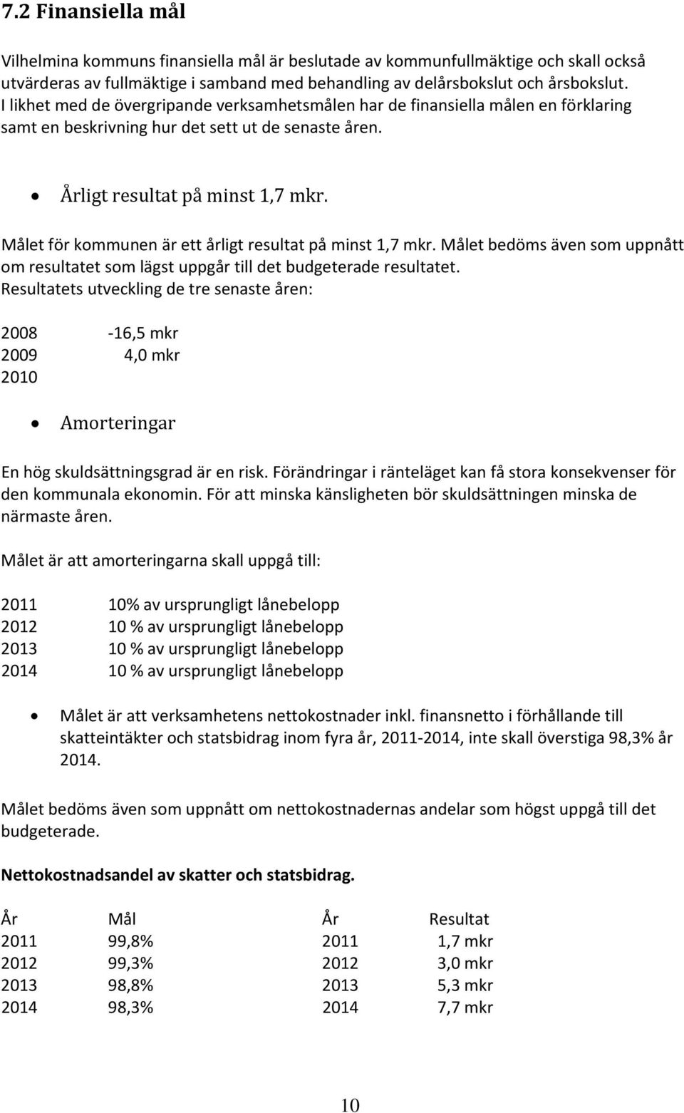 Målet för kommunen är ett årligt resultat på minst 1,7 mkr. Målet bedöms även som uppnått om resultatet som lägst uppgår till det budgeterade resultatet.