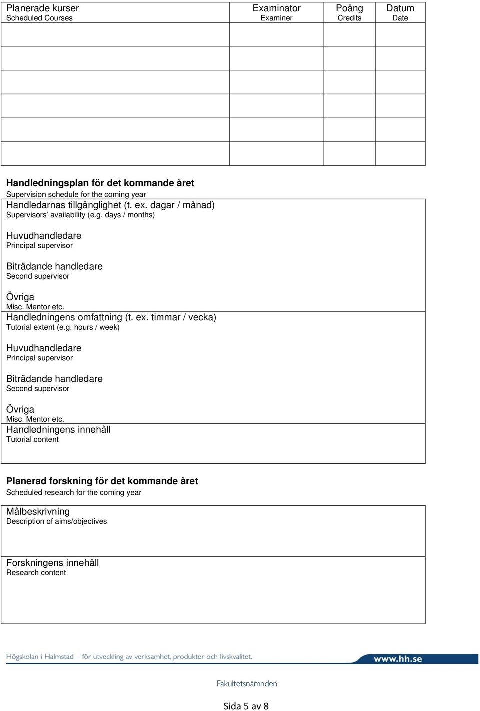 Handledningens omfattning (t. ex. timmar / vecka) Tutorial extent (e.g. hours / week) Huvudhandledare Principal supervisor Biträdande handledare Second supervisor Övriga Misc. Mentor etc.