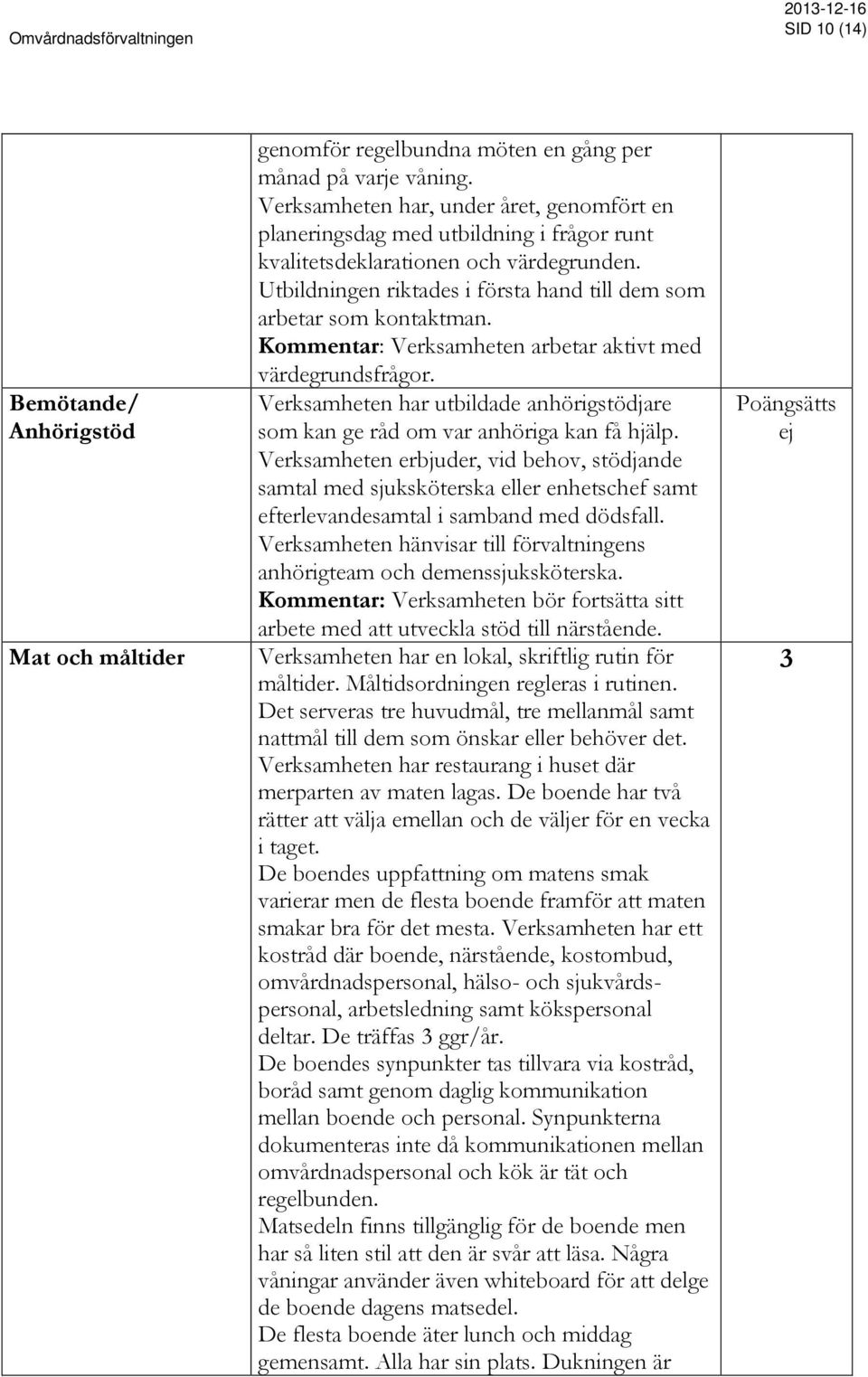 Kommentar: Verksamheten arbetar aktivt med värdegrundsfrågor. Verksamheten har utbildade anhörigstödjare som kan ge råd om var anhöriga kan få hjälp.