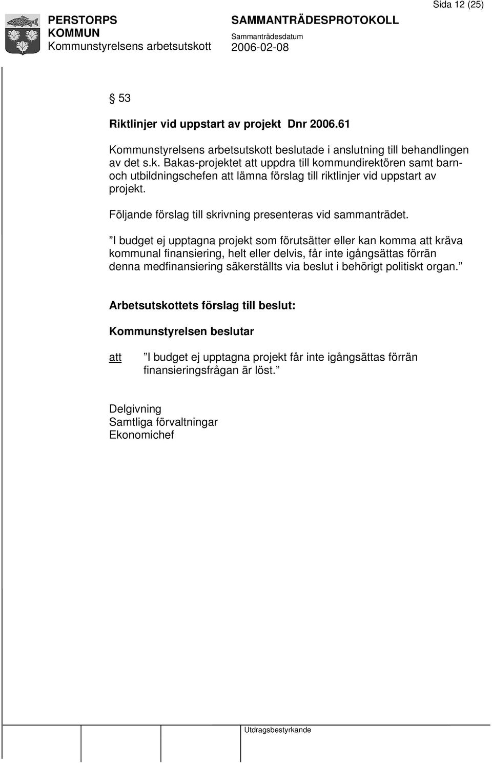 I budget ej upptagna projekt som förutsätter eller kan komma kräva kommunal finansiering, helt eller delvis, får inte igångsättas förrän denna medfinansiering säkerställts via