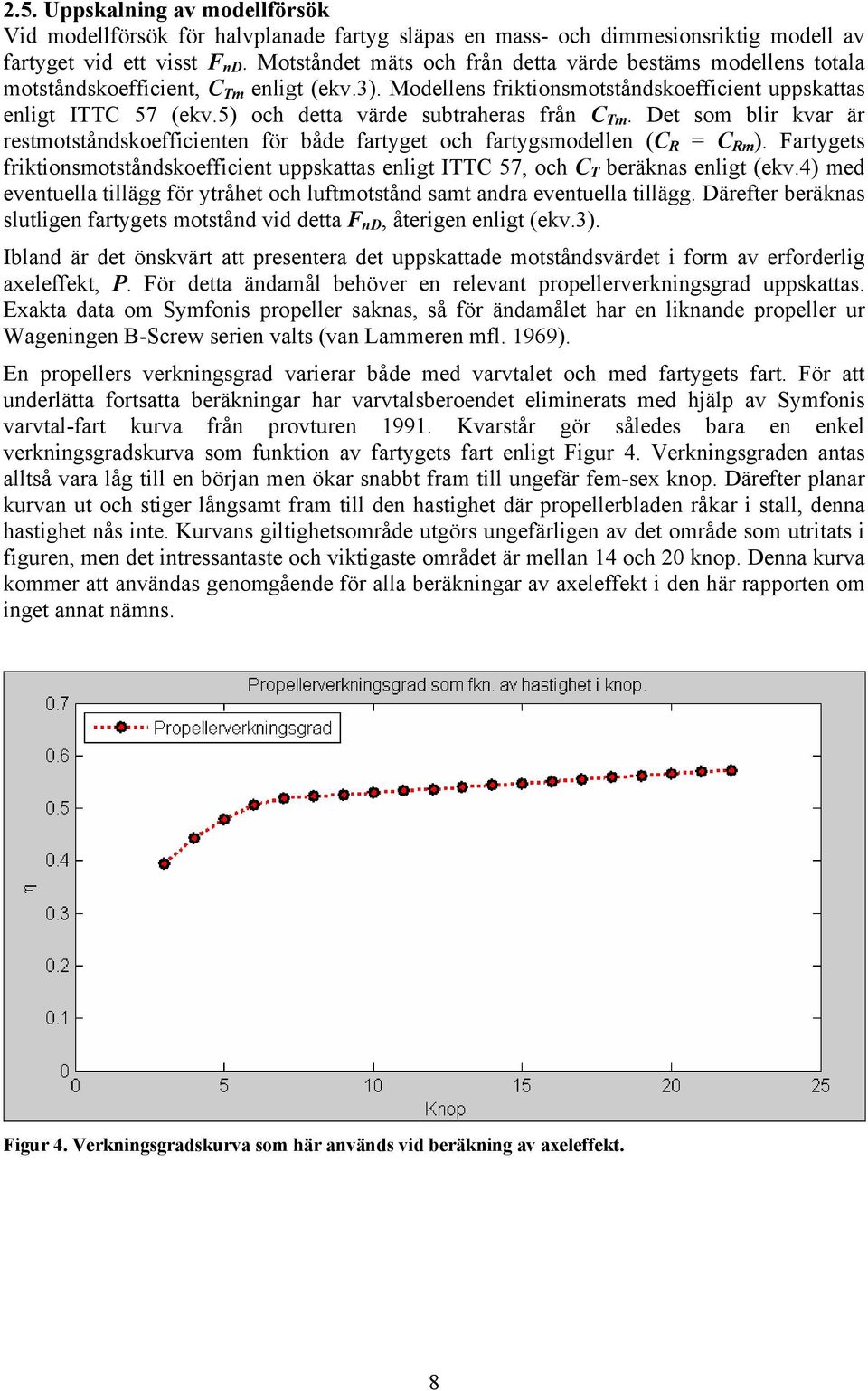 5) och detta värde subtraheras från C Tm. Det som blir kvar är restmotståndskoefficienten för både fartyget och fartygsmodellen (C R = C Rm ).