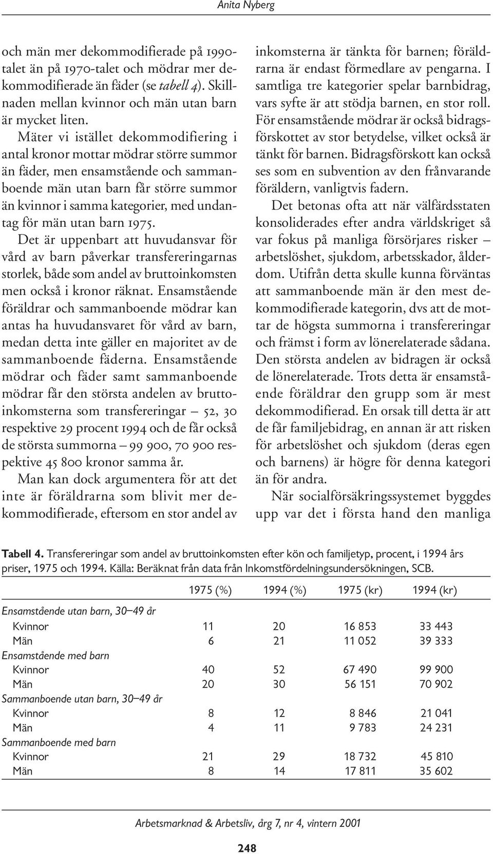 för män utan barn 1975. Det är uppenbart att huvudansvar för vård av barn påverkar transfereringarnas storlek, både som andel av bruttoinkomsten men också i kronor räknat.