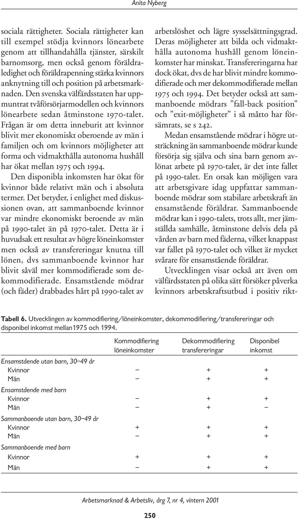 till och position på arbetsmarknaden. Den svenska välfärdsstaten har uppmuntrat tvåförsörjarmodellen och kvinnors lönearbete sedan åtminstone 1970-talet.