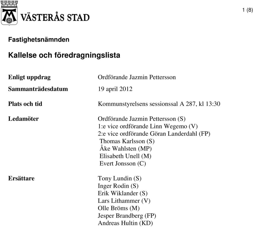 ordförande Linn Wegemo (V) 2:e vice ordförande Göran Landerdahl (FP) Thomas Karlsson (S) Åke Wahlsten (MP) Elisabeth Unell (M)