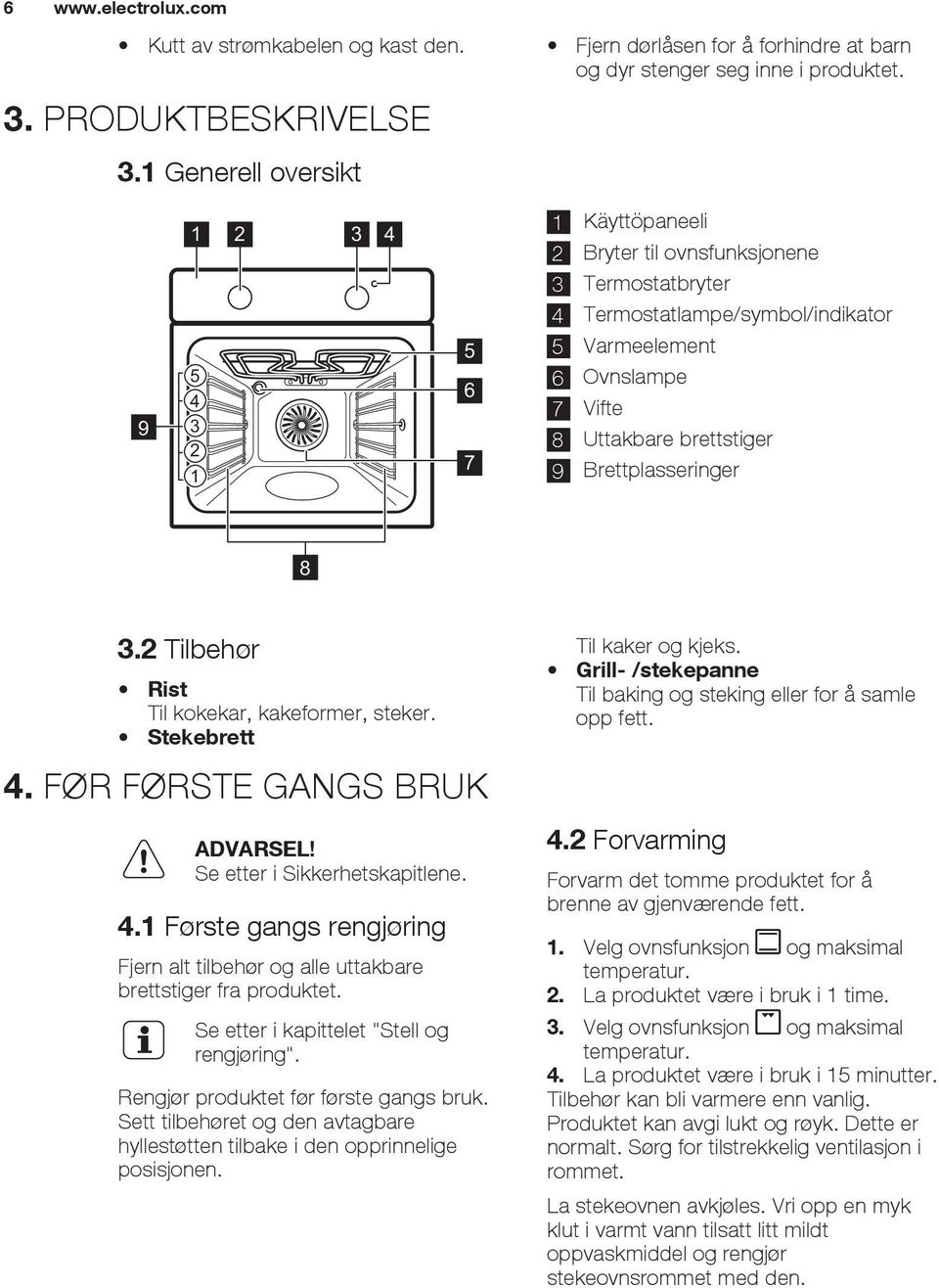 brettstiger 9 er 8 3.2 Tilbehør Rist Til kokekar, kakeformer, steker. Stekebrett 4. FØR FØRSTE GANGS BRUK ADVARSEL! Se etter i Sikkerhetskapitlene. 4.1 Første gangs rengjøring Fjern alt tilbehør og alle uttakbare brettstiger fra produktet.