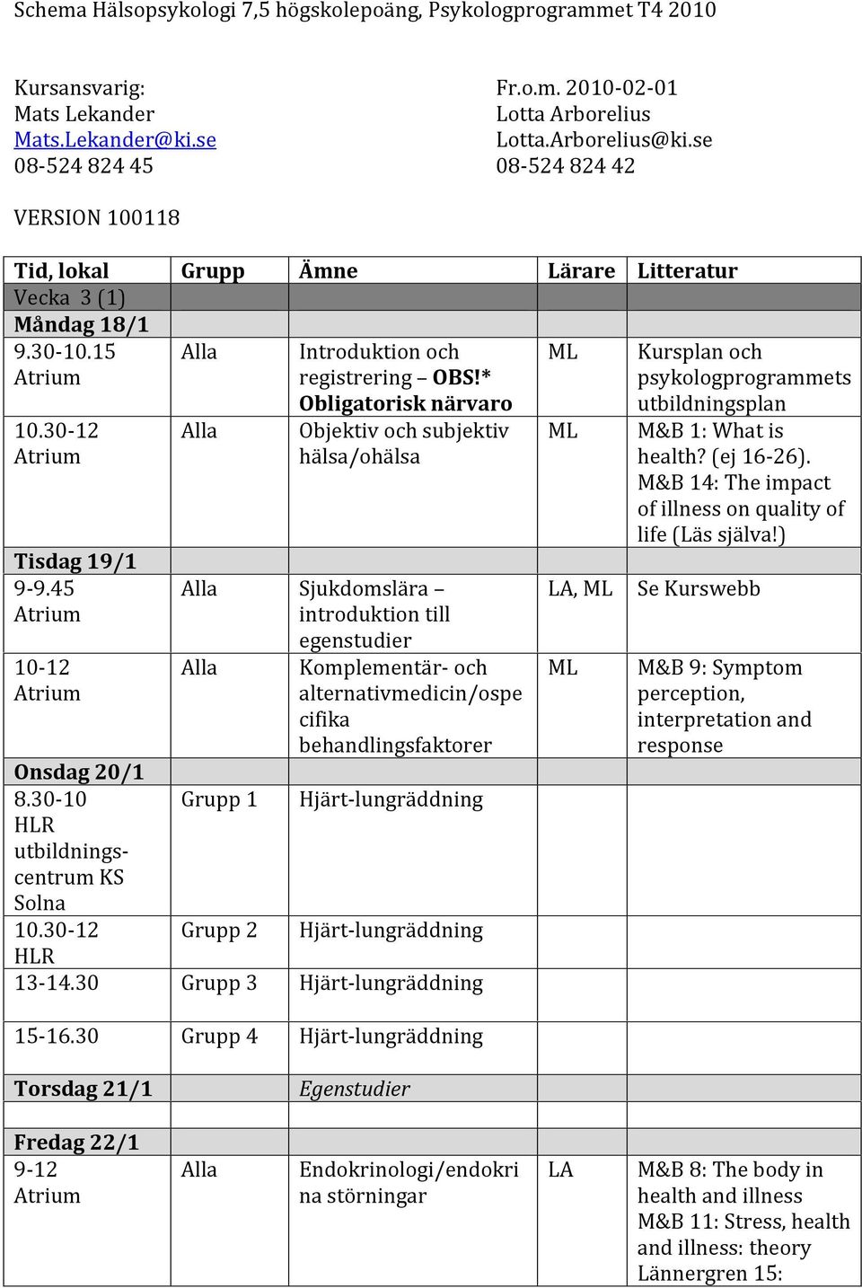 30-12 HLR Grupp 1 Grupp 2 Introduktion och registrering OBS!