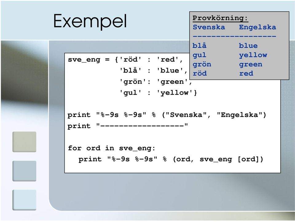 'green', 'gul' : 'yellow'} print "%-9s %-9s" % ("Svenska", "Engelska")