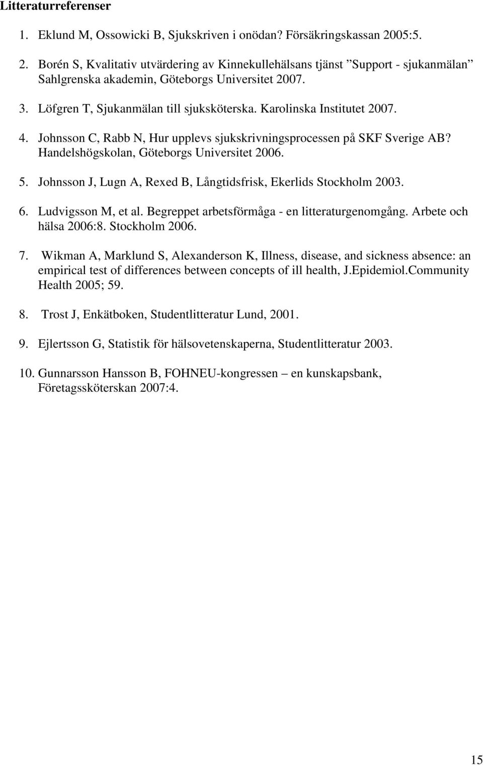 Karolinska Institutet 2007. 4. Johnsson C, Rabb N, Hur upplevs sjukskrivningsprocessen på SKF Sverige AB? Handelshögskolan, Göteborgs Universitet 2006. 5.