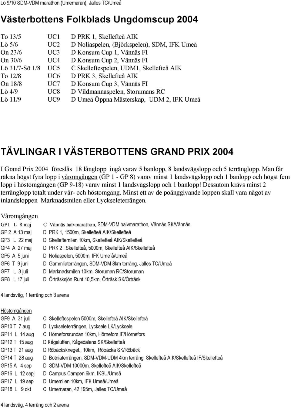 4/9 UC8 D Vildmannaspelen, Storumans RC Lö 11/9 UC9 D Umeå Öppna Mästerskap, UDM 2, IFK Umeå TÄVLINGAR I VÄSTERBOTTENS GRAND PRIX 2004 I Grand Prix 2004 föreslås 18 långlopp ingå varav 5 banlopp, 8