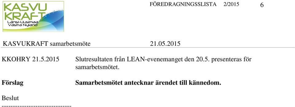 2015 Slutresultaten från LEAN-evenemanget den 20.5. presenteras för samarbetsmötet.