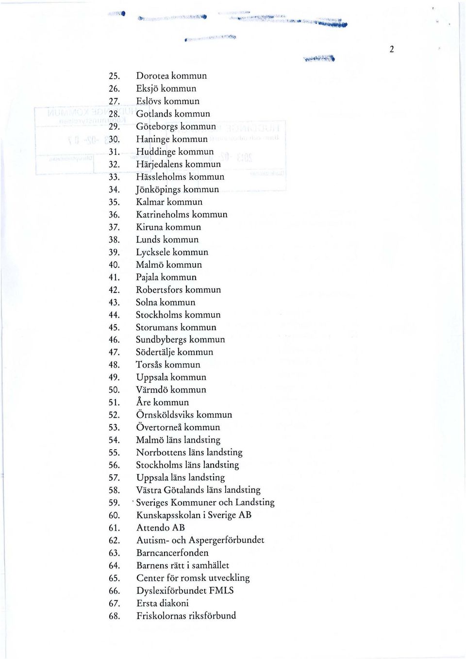 Solna kommun 44. Stockholms kommun 45. Storumans kommun 46. Sundbybergs kommun 47. Södertälje kommun 48. Torsås kommun 49. Uppsala kommun 50. Värmdö kommun si. Åre kommun 52. Örnsköldsviks kommun 53.