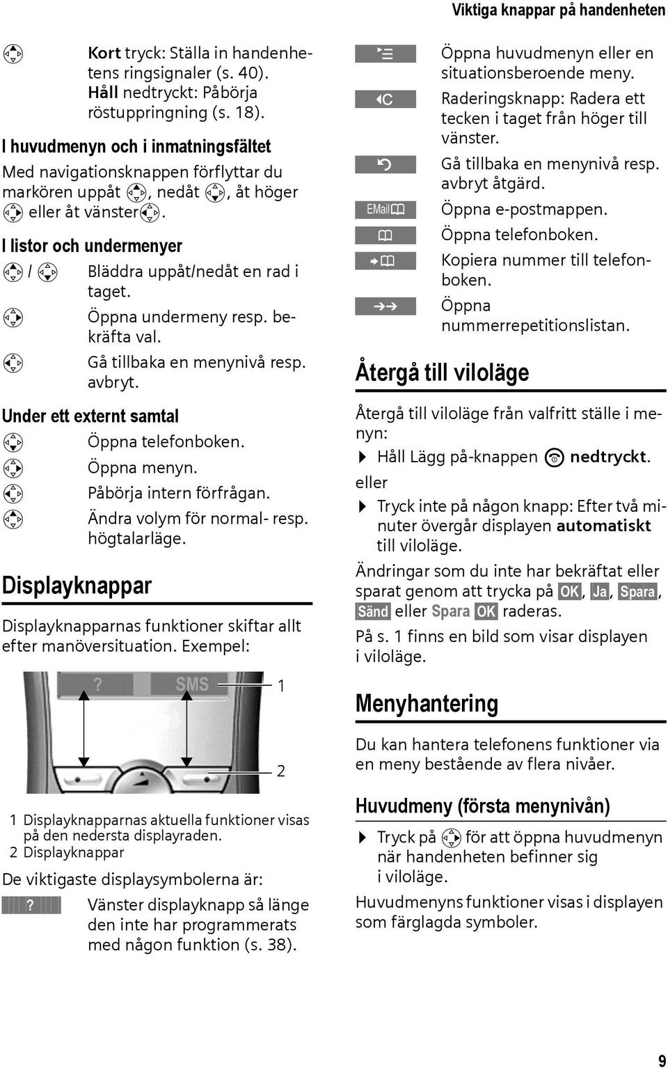 v Öppna undermeny resp. bekräfta val. u Gå tillbaka en menynivå resp. avbryt. Under ett externt samtal s Öppna telefonboken. v Öppna menyn. u Påbörja intern förfrågan. t Ändra volym för normal- resp.