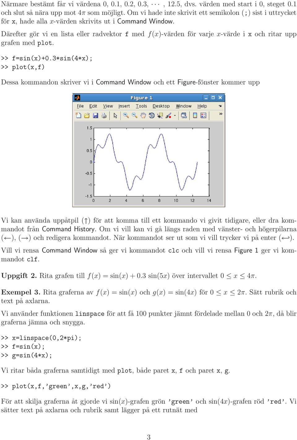 Därefter gör vi en lista eller radvektor f med f(x)-värden för varje x-värde i x och ritar upp grafen med plot. >> f=sin(x)+0.