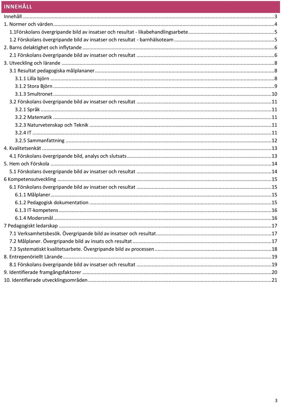 ... Förskolans övergripande bild av insatser och resultat..... Språk..... Matematik..... Naturvetenskap och Teknik..... IT.....5 Sammanfattning.... Kvalitetsenkät.