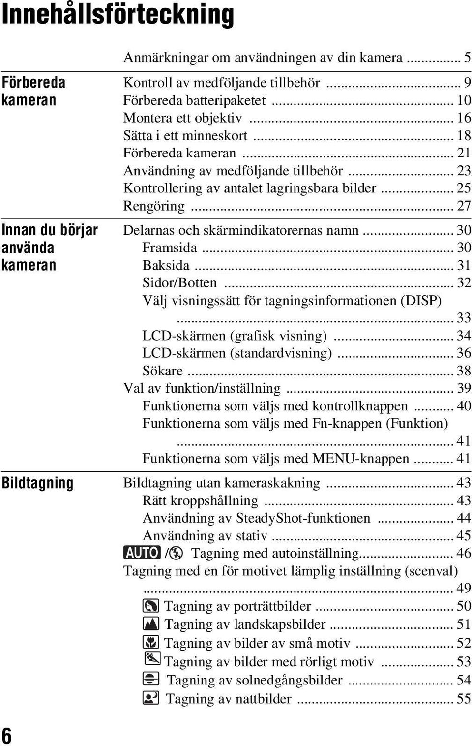 .. 27 Delarnas och skärmindikatorernas namn... 30 Framsida... 30 Baksida... 31 Sidor/Botten... 32 Välj visningssätt för tagningsinformationen (DISP)... 33 LCD-skärmen (grafisk visning).