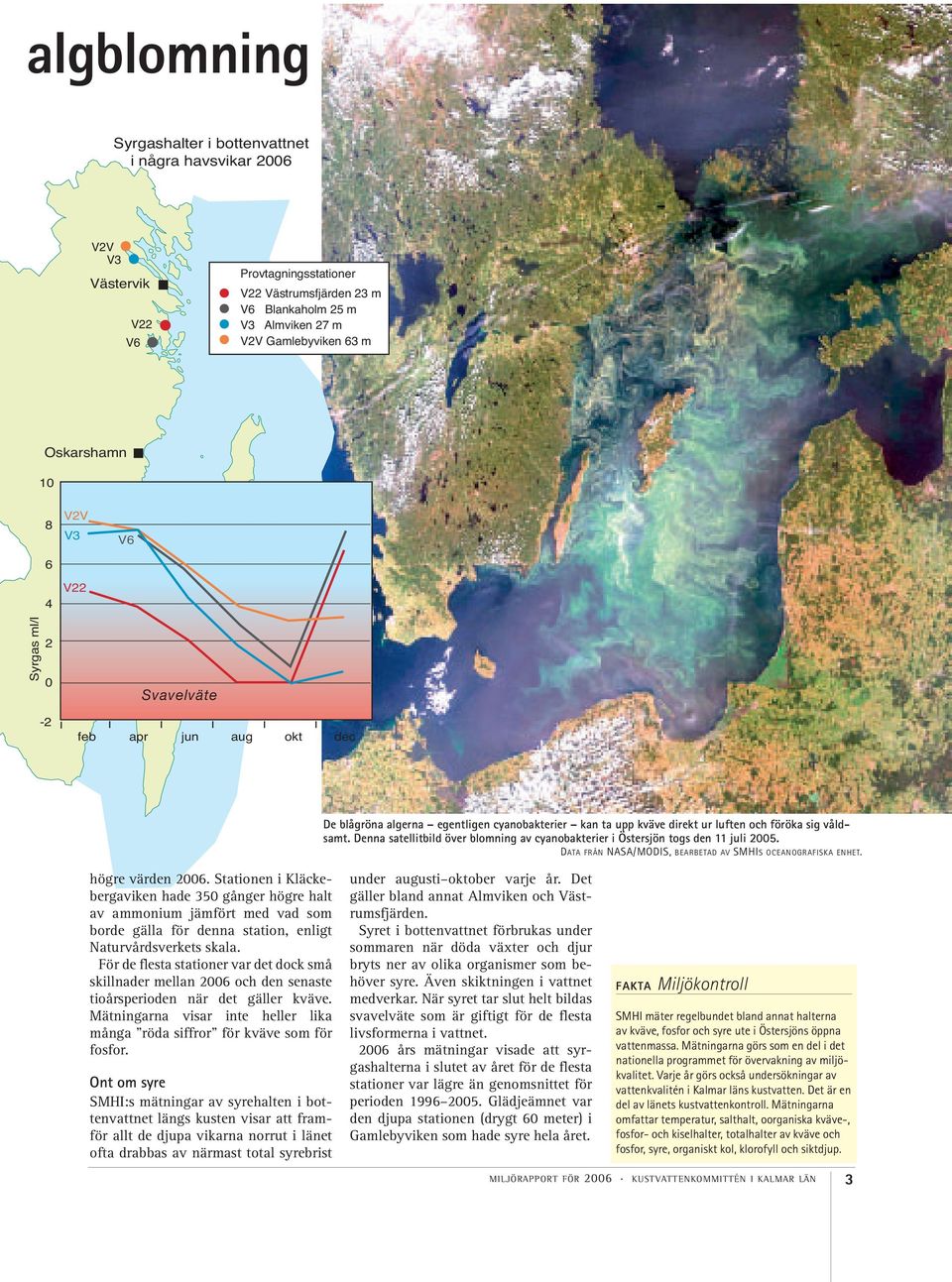 Denna satellitbild över blomning av cyanobakterier i Östersjön togs den juli. DATA FRÅN NASA/MODIS, BEARBETAD AV SMHIS OCEANOGRAFISKA ENHET. högre värden.