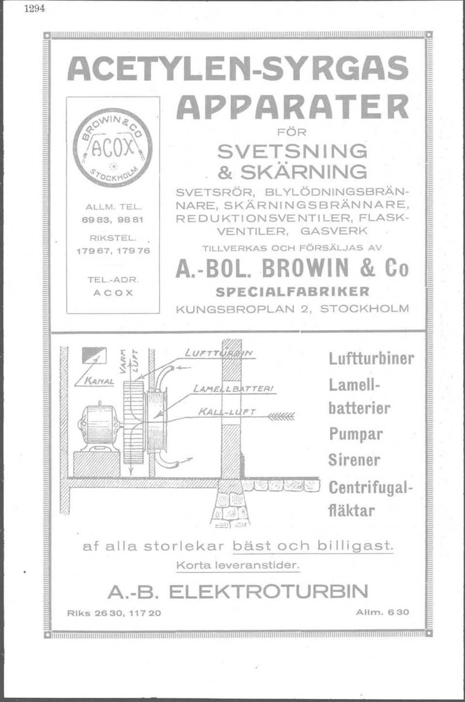 BRWIN SPECIALFABRIKER KUNGSBRPLAN AV & C 2, STCKHLM af alla storlekar Riks 2630, 11720 Luftturbiner Pumpar Sirener SVETSRÖR, BLYLÖNINGSBRÄN-