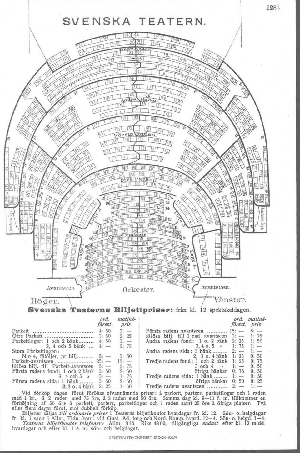 avantscen 3: - I: 75 Parkettloger: 1 och 2 bänk 3,4 och 5 bänk 4: 50 4: 3: 2: 75 Andra radens fond: 1 o. 2 bänk 3,40.5. 2: 25 I: 75 I: 50 1:- Stora Pårkettlogen: N:o 4, fåtöljer, pr bilj 5: 3: 50 Andra radenssida : 1 bänk 2: 2, 30.
