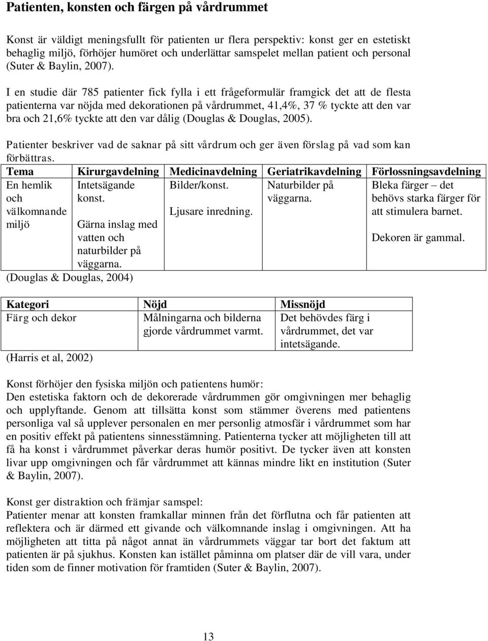 I en studie där 785 patienter fick fylla i ett frågeformulär framgick det att de flesta patienterna var nöjda med dekorationen på vårdrummet, 41,4%, 37 % tyckte att den var bra och 21,6% tyckte att