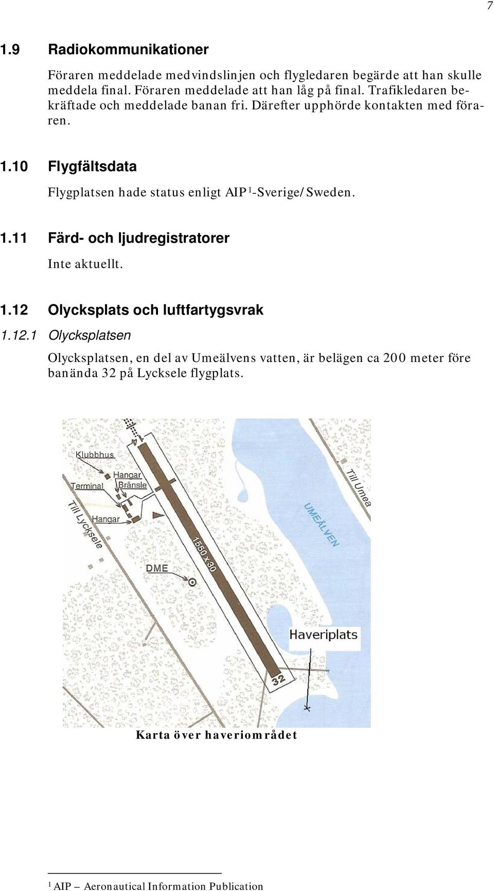 10 Flygfältsdata Flygplatsen hade status enligt AIP 1 -Sverige/Sweden. 1.11 Färd- och ljudregistratorer Inte aktuellt. 1.12 Olycksplats och luftfartygsvrak 1.