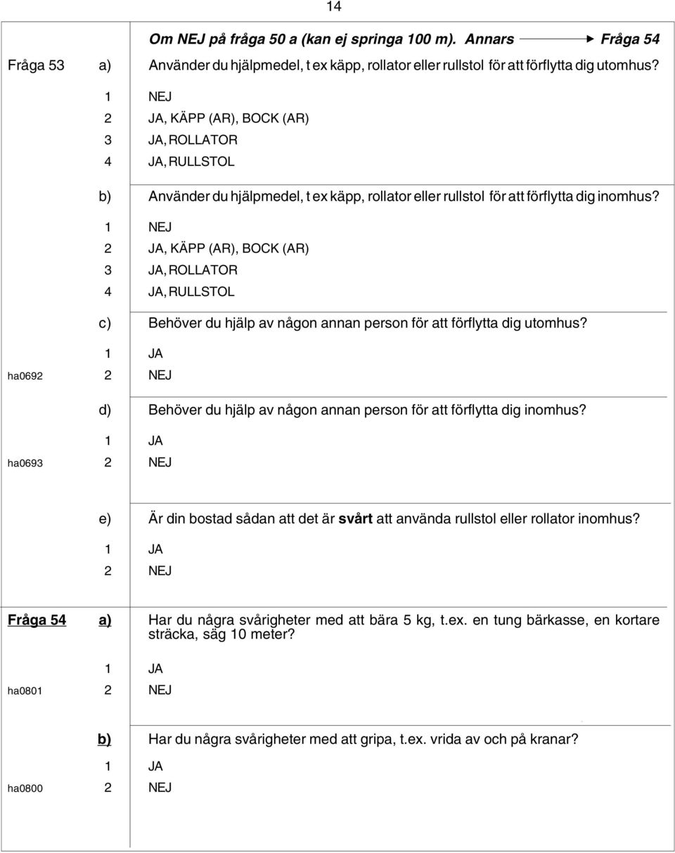 1 NEJ 2 JA, KÄPP (AR), BOCK (AR) 3 JA, ROLLATOR 4 JA, RULLSTOL c) Behöver du hjälp av någon annan person för att förflytta dig utomhus?