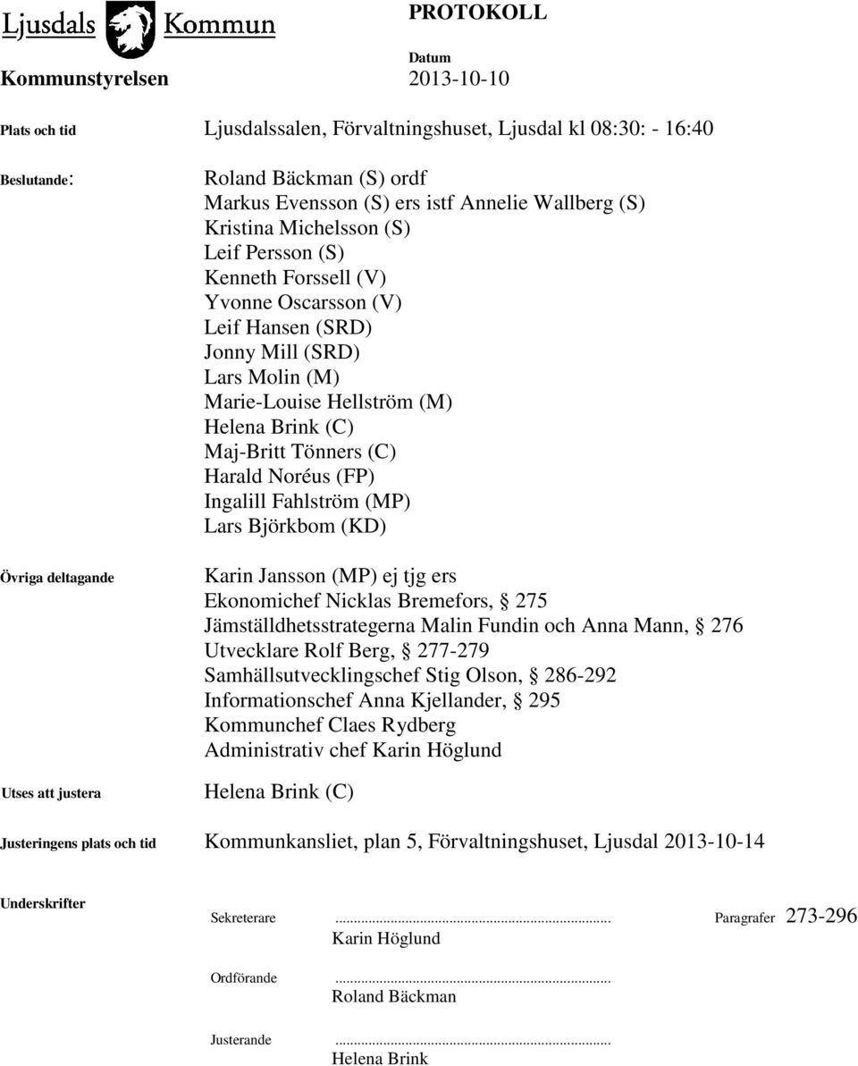 Harald Noréus (FP) Ingalill Fahlström (MP) Lars Björkbom (KD) Karin Jansson (MP) ej tjg ers Ekonomichef Nicklas Bremefors, 275 Jämställdhetsstrategerna Malin Fundin och Anna Mann, 276 Utvecklare Rolf