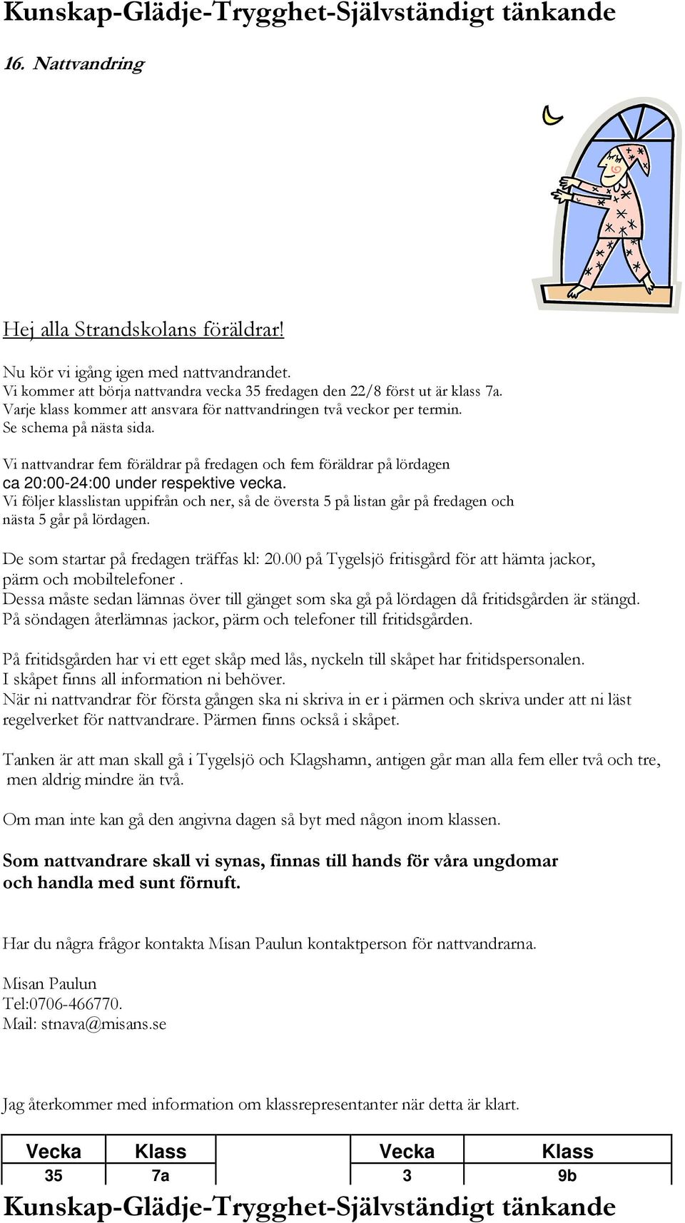 Vi nattvandrar fem föräldrar på fredagen och fem föräldrar på lördagen ca 20:00-24:00 under respektive vecka.