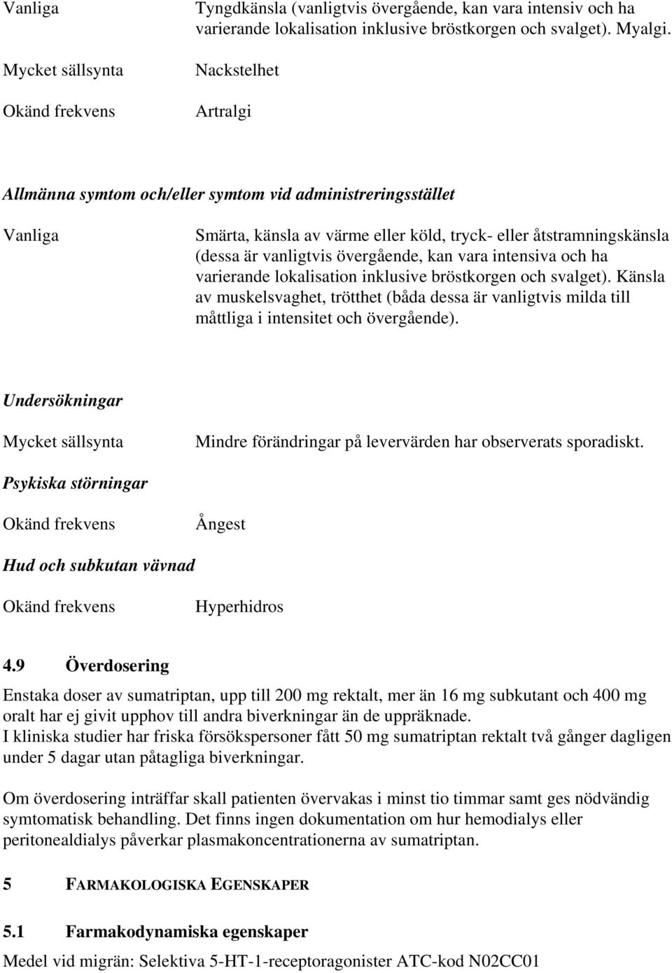 intensiva och ha varierande lokalisation inklusive bröstkorgen och svalget). Känsla av muskelsvaghet, trötthet (båda dessa är vanligtvis milda till måttliga i intensitet och övergående).