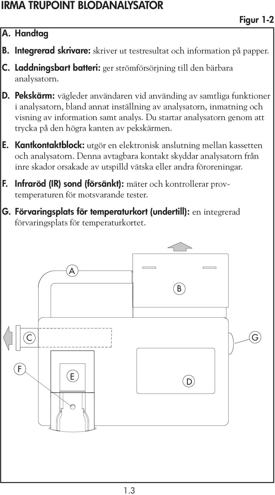 Du startar analysatorn genom att trycka på den högra kanten av pekskärmen. E. Kantkontaktblock: utgör en elektronisk anslutning mellan kassetten och analysatorn.