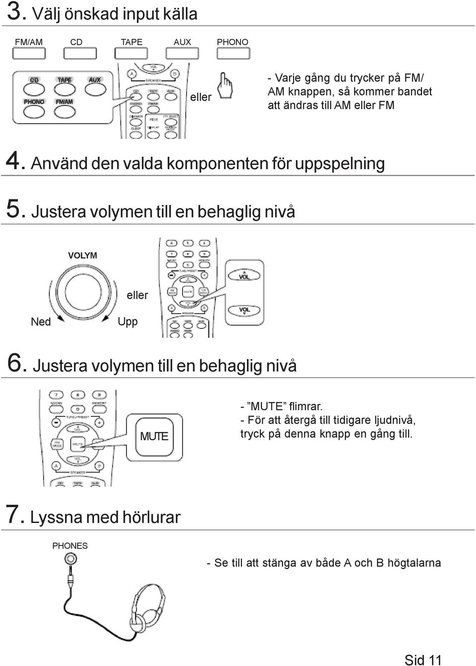 Justera volymen till en behaglig nivå VOLYM VOL Ned Upp VOL 6. Justera volymen till en behaglig nivå MUTE - MUTE flimrar.