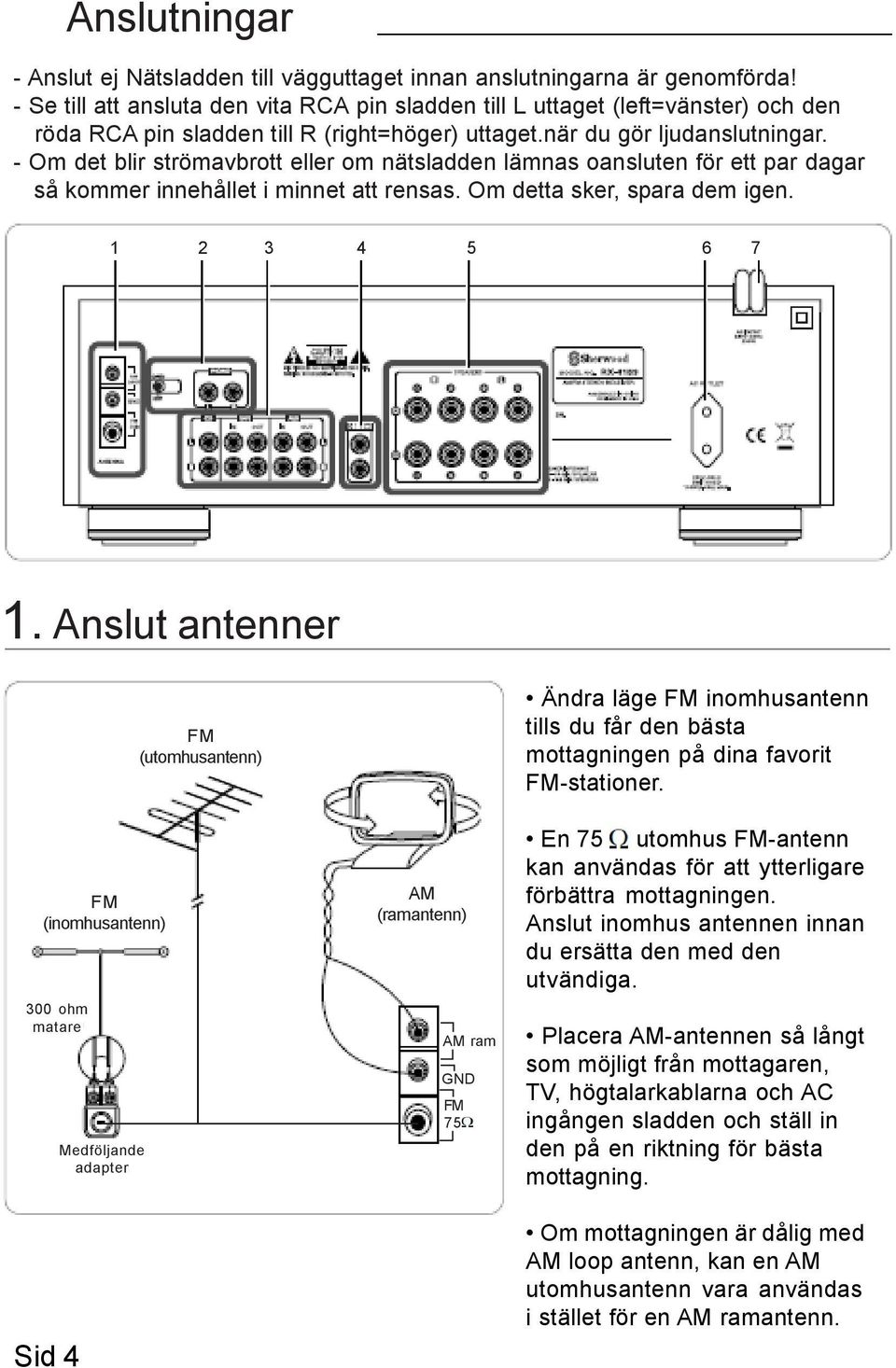 - Om det blir strömavbrott om nätsladden lämnas oansluten för ett par dagar så kommer innehållet i minnet att rensas. Om detta sker, spara dem igen. 1 2 3 4 5 6 7 1.