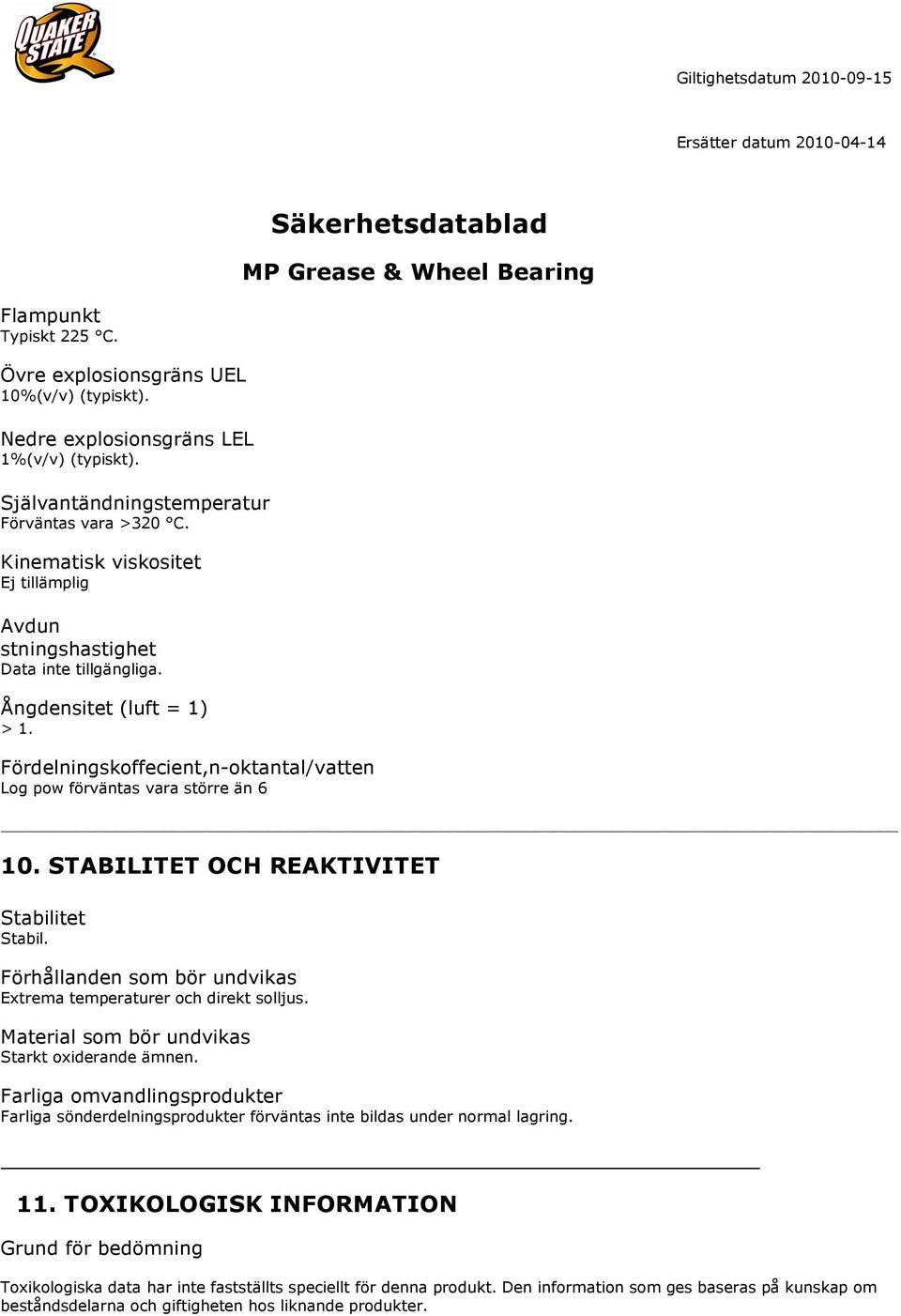 STABILITET OCH REAKTIVITET Stabilitet Stabil. Förhållanden som bör undvikas Extrema temperaturer och direkt solljus. Material som bör undvikas Starkt oxiderande ämnen.