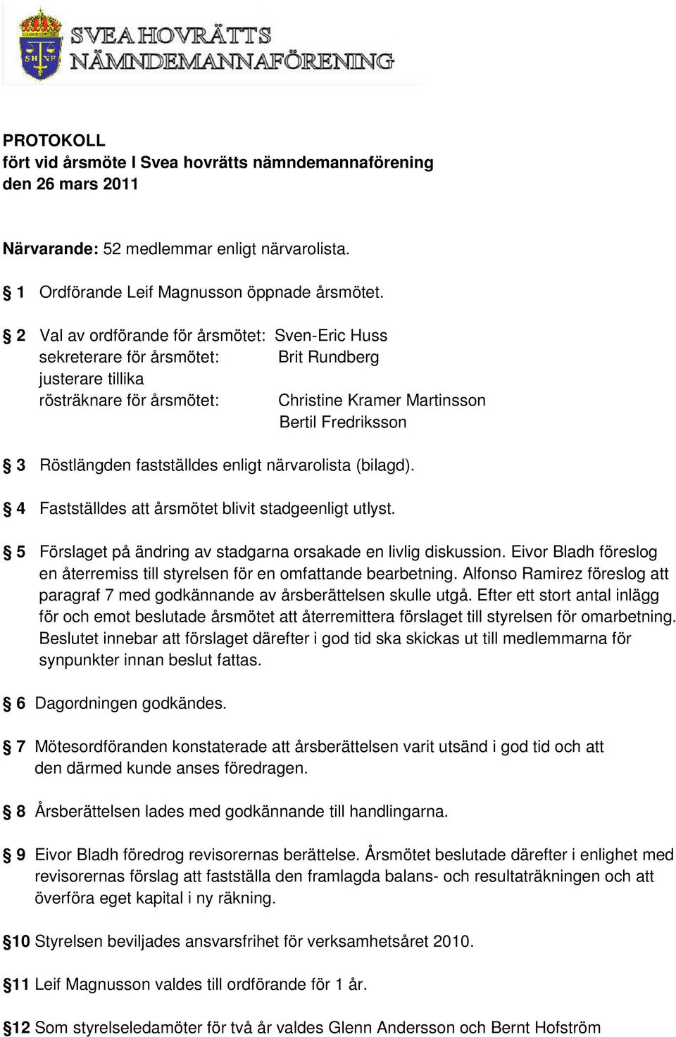 fastställdes enligt närvarolista (bilagd). 4 Fastställdes att årsmötet blivit stadgeenligt utlyst. 5 Förslaget på ändring av stadgarna orsakade en livlig diskussion.