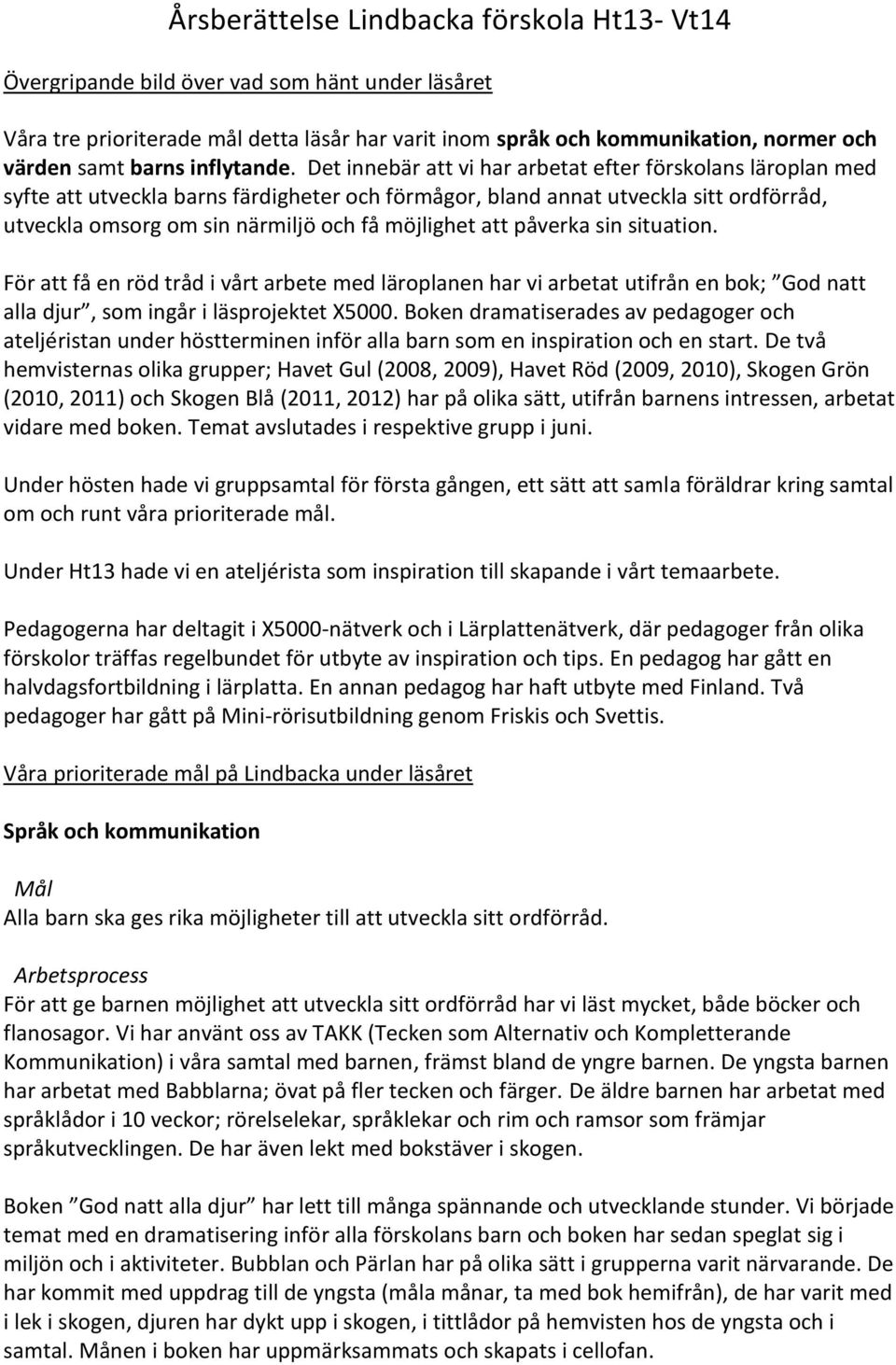 Det innebär att vi har arbetat efter förskolans läroplan med syfte att utveckla barns färdigheter och förmågor, bland annat utveckla sitt ordförråd, utveckla omsorg om sin närmiljö och få möjlighet