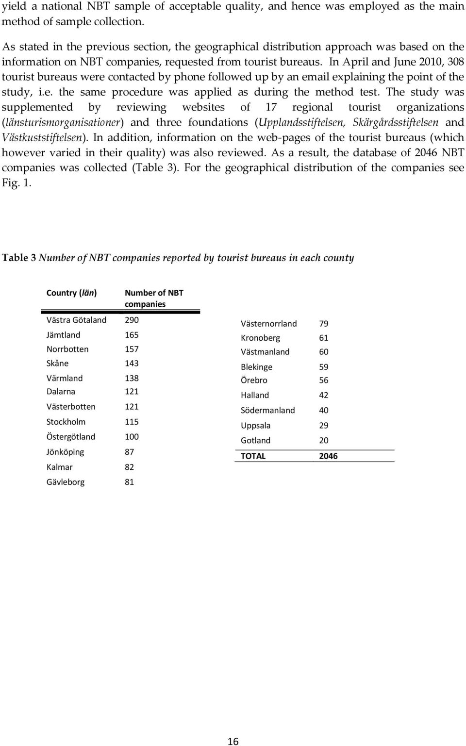 In April and June 2010, 308 tourist bureaus were contacted by phone followed up by an email explaining the point of the study, i.e. the same procedure was applied as during the method test.