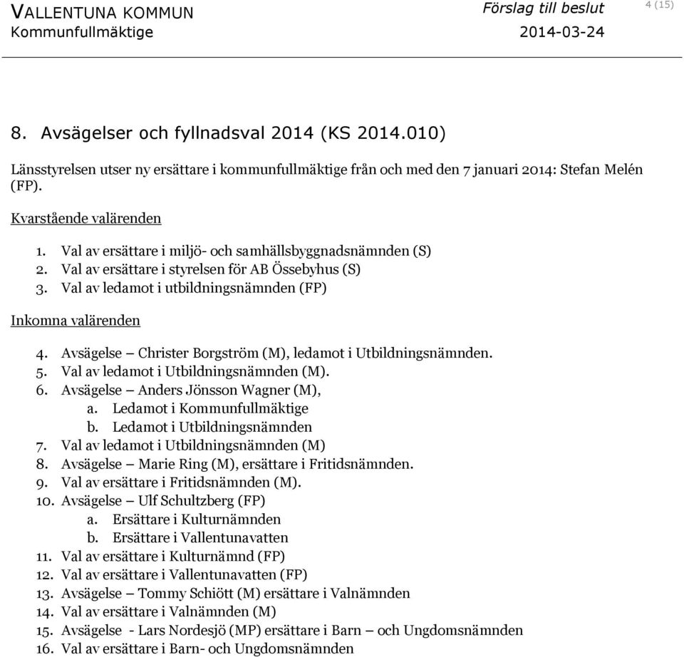 Avsägelse Christer Borgström (M), ledamot i Utbildningsnämnden. 5. Val av ledamot i Utbildningsnämnden (M). 6. Avsägelse Anders Jönsson Wagner (M), a. Ledamot i Kommunfullmäktige b.