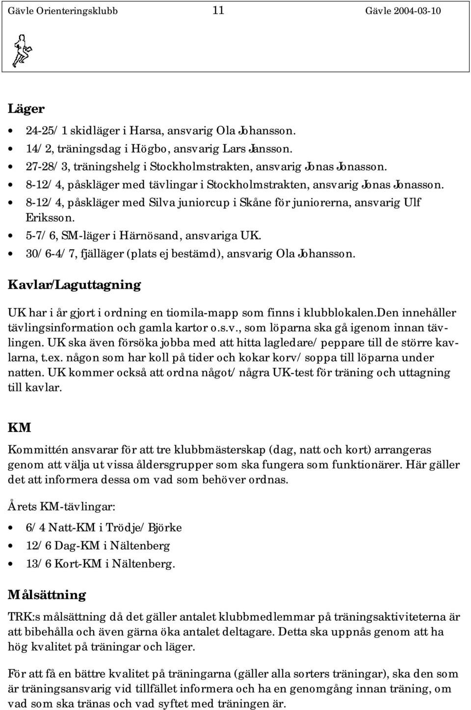 8-12/4, påskläger med Silva juniorcup i Skåne för juniorerna, ansvarig Ulf Eriksson. 5-7/6, SM-läger i Härnösand, ansvariga UK. 30/6-4/7, fjälläger (plats ej bestämd), ansvarig Ola Johansson.