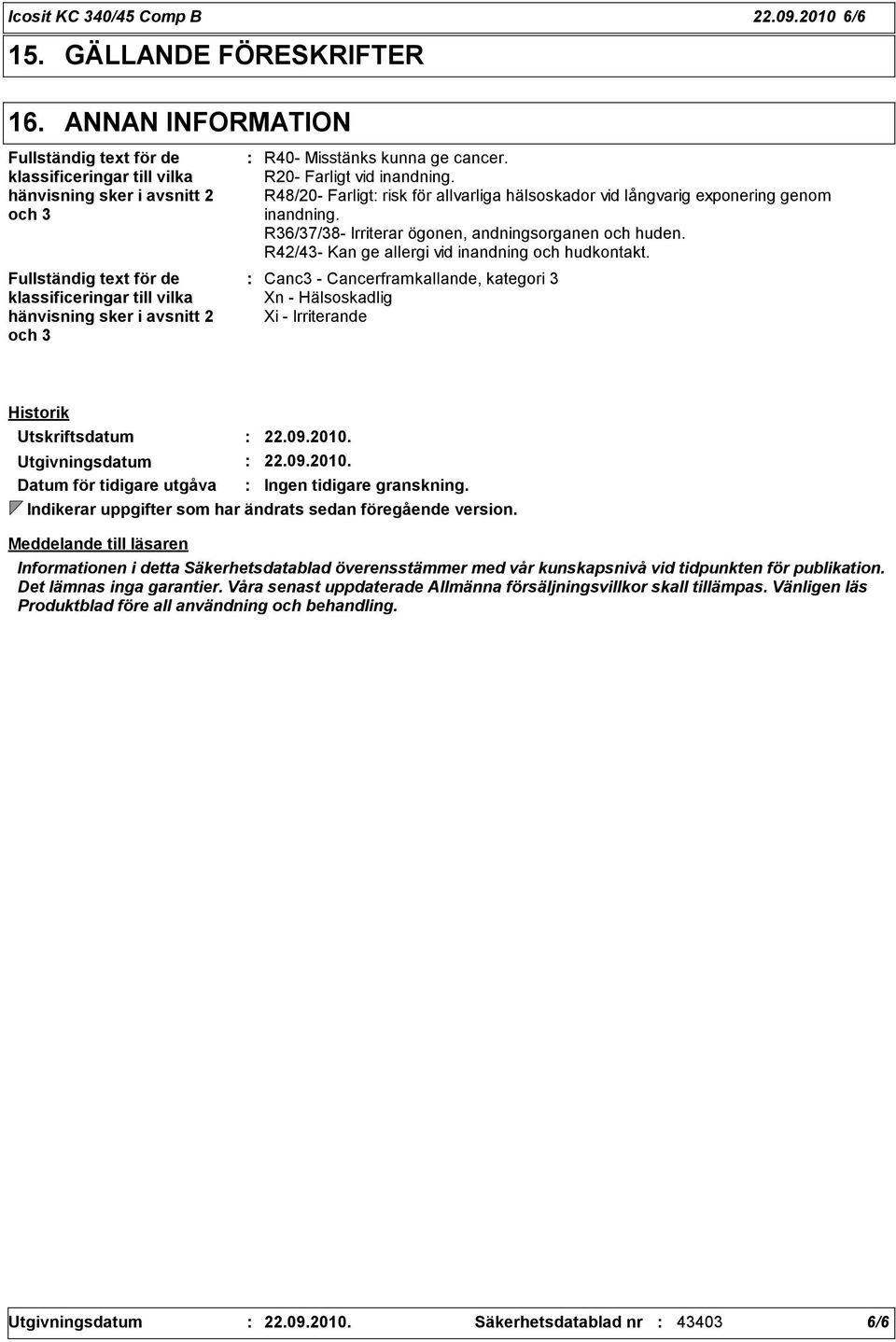 avsnitt 2 och 3 R40- Misstänks kunna ge cancer. R20- Farligt vid inandning. R48/20- Farligt risk för allvarliga hälsoskador vid långvarig exponering genom inandning.