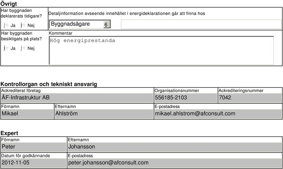 Kontrollorgan och tekniskt ansvarig Ackrediterat företag ÅF-Infrastruktur AB Förnamn Mikael Efternamn Ahlström Organisationsnummer