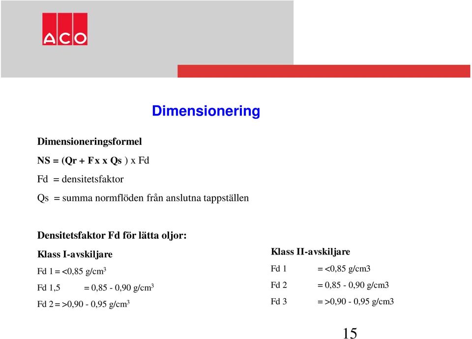 I-avskiljare Fd 1 = <0,85 g/cm 3 Fd 1,5 = 0,85-0,90 g/cm 3 Fd 2 = >0,90-0,95 g/cm 3