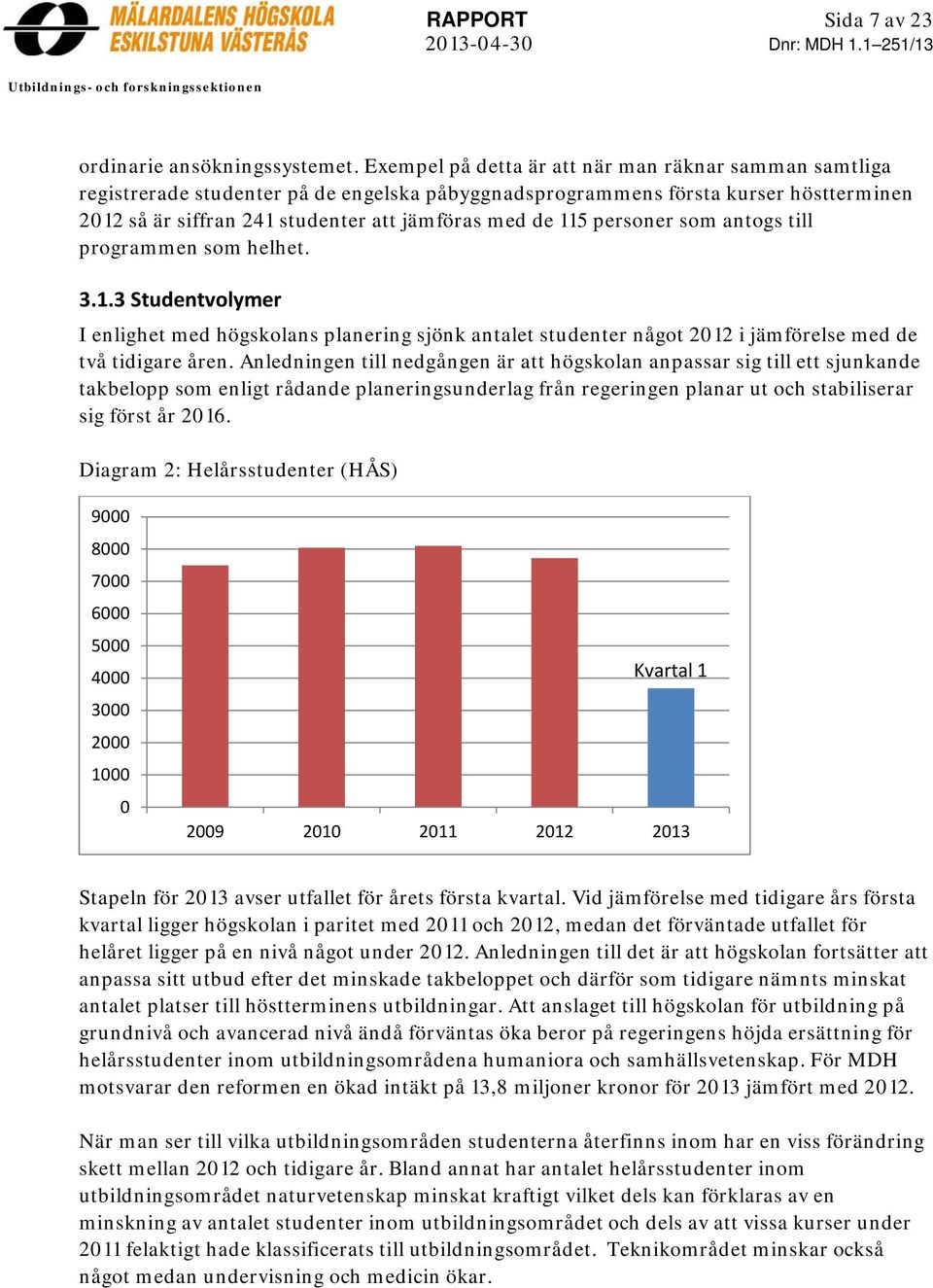 personer som antogs till programmen som helhet. 3.1.3 Studentvolymer I enlighet med högskolans planering sjönk antalet studenter något 2012 i jämförelse med de två tidigare åren.