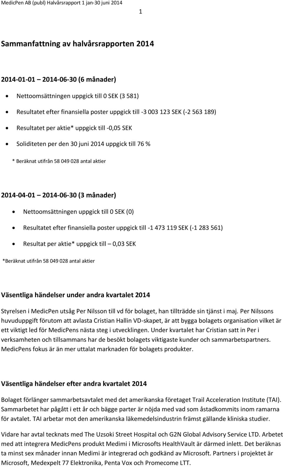 till 0 SEK (0) Resultatet efter finansiella poster uppgick till -1 473 119 SEK (-1 283 561) Resultat per aktie* uppgick till 0,03 SEK *Beräknat utifrån 58 049 028 antal aktier Väsentliga händelser