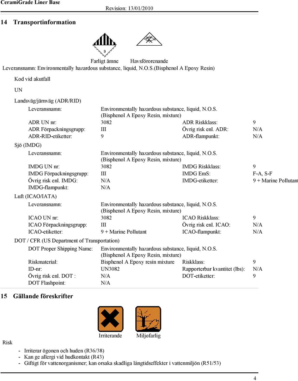 ADR UN nr: 3082 ADR Riskklass: 9 ADR Förpackningsgrupp: III Övrig risk enl. ADR: N/A ADR-RID-etiketter: 9 ADR-flampunkt: N/A Sjö (IMDG) Leveransnamn: Environmentally hazardous substance, liquid, N.O.