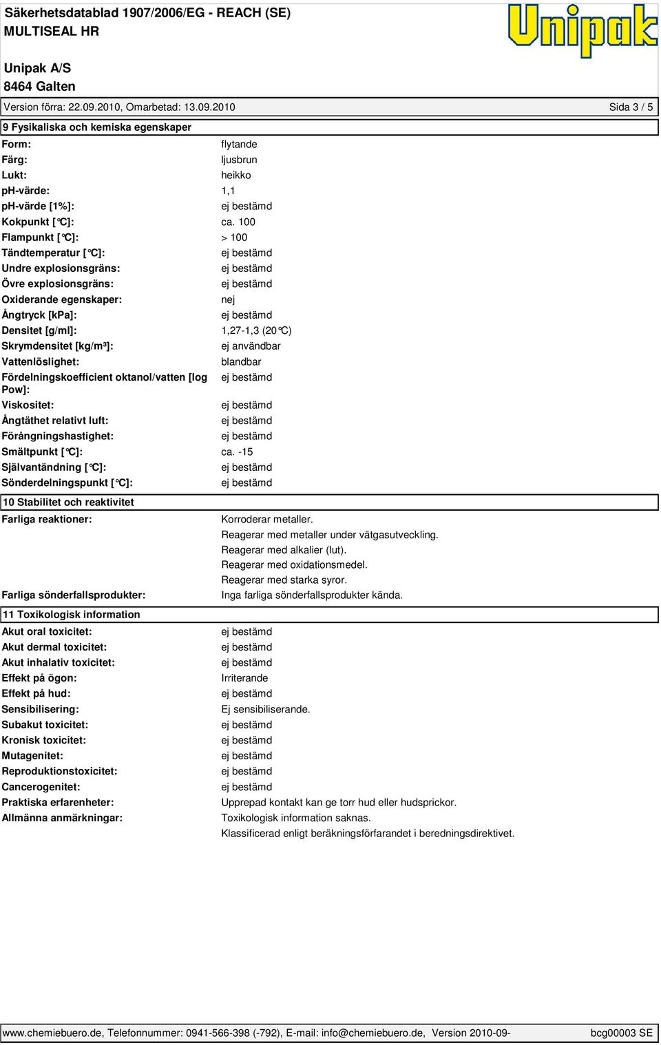 Fördelningskoefficient oktanol/vatten [log Pow]: Viskositet: Ångtäthet relativt luft: Förångningshastighet: nej 1,27-1,3 (20 C) blandbar Smältpunkt [ C]: ca.