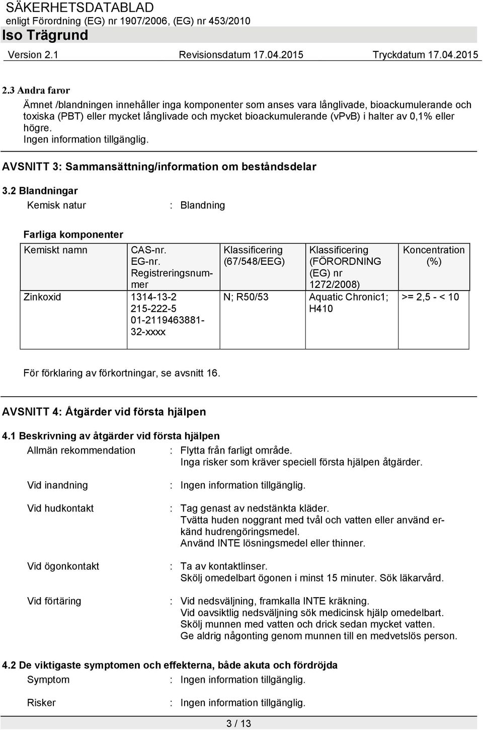 Registreringsnummer Zinkoxid 1314-13-2 215-222-5 01-2119463881- 32-xxxx Klassificering (67/548/EEG) Klassificering (FÖRORDNING (EG) nr 1272/2008) N; R50/53 Aquatic Chronic1; H410 Koncentration (%) >=