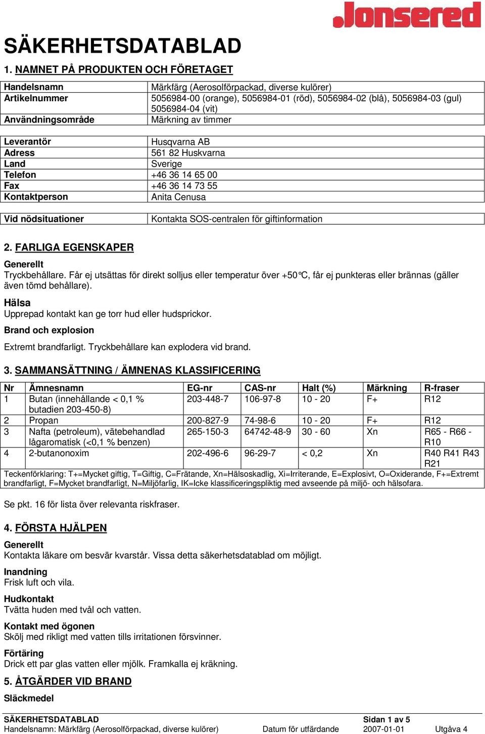 Anita Cenusa Märkfärg (Aerosolförpackad, diverse kulörer) 5056984-00 (orange), 5056984-01 (röd), 5056984-02 (blå), 5056984-03 (gul) 5056984-04 (vit) Märkning av timmer Vid nödsituationer Kontakta