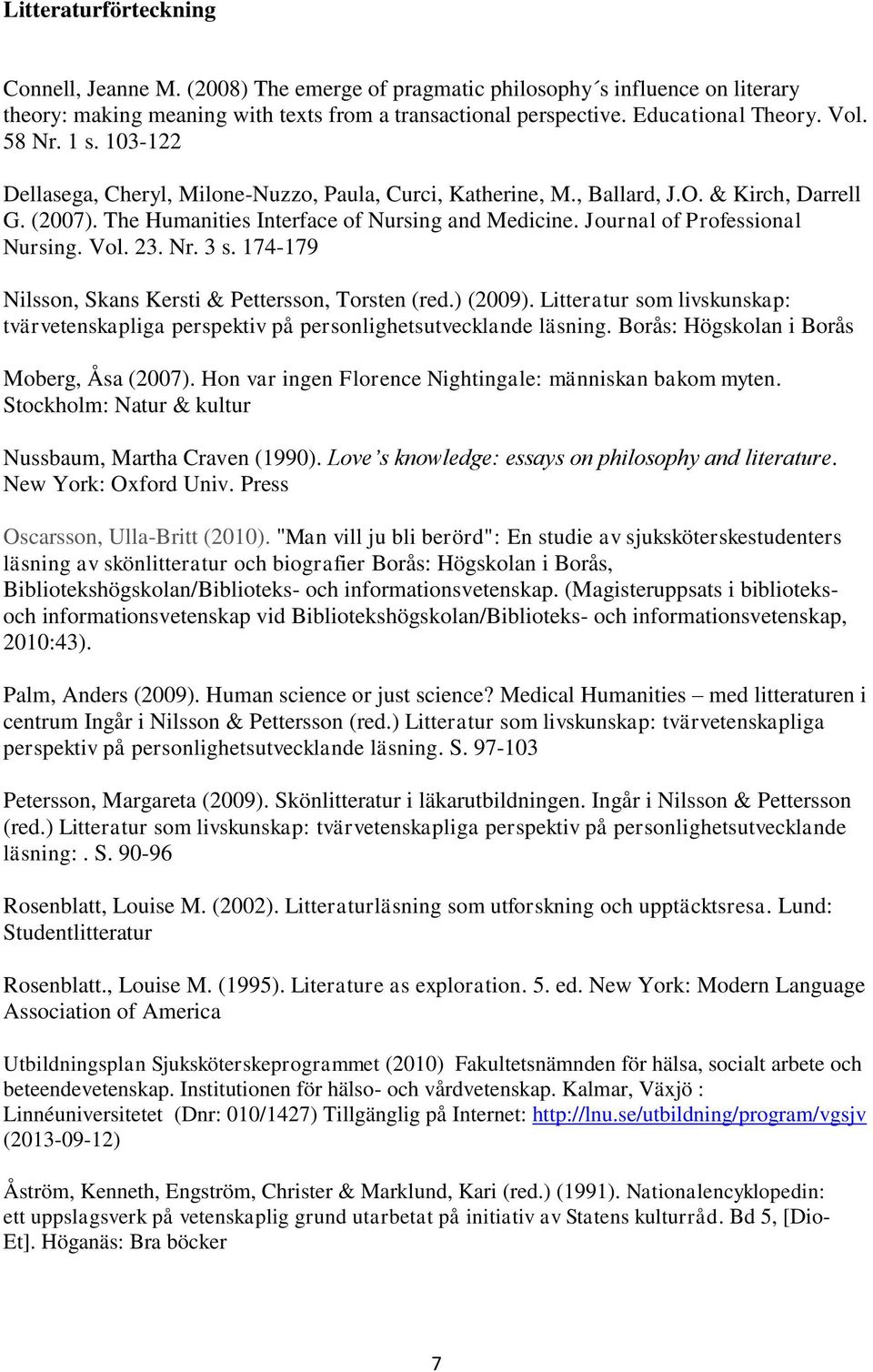 Journal of Professional Nursing. Vol. 23. Nr. 3 s. 174-179 Nilsson, Skans Kersti & Pettersson, Torsten (red.) (2009).