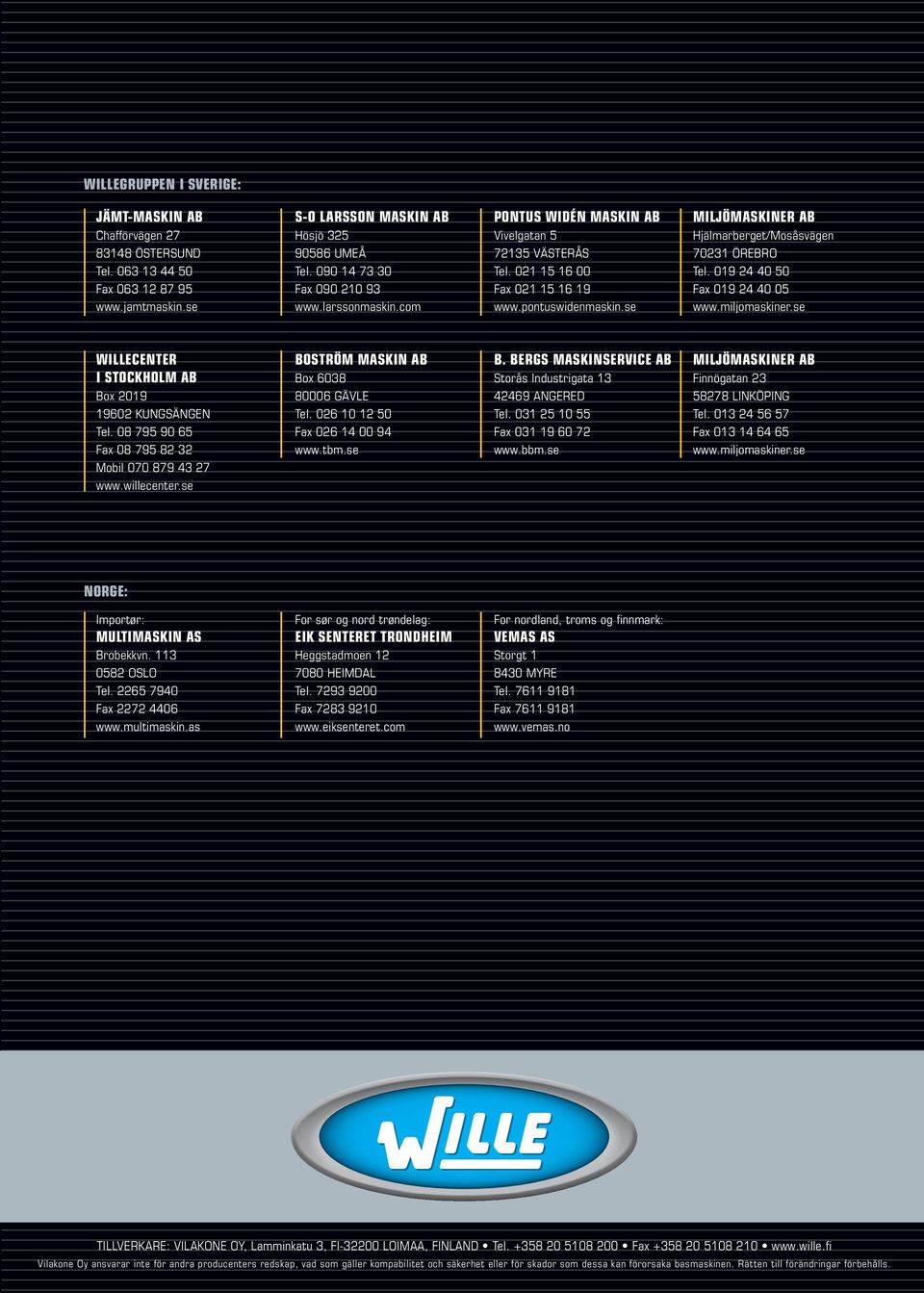 se MILJÖMASKINER AB Hjälmarberget/Mosåsvägen 70231 ÖREBRO Tel. 019 24 40 50 Fax 019 24 40 05 www.miljomaskiner.se WILLECENTER I STOCKHOLM AB Box 2019 19602 KUNGSÄNGEN Tel.
